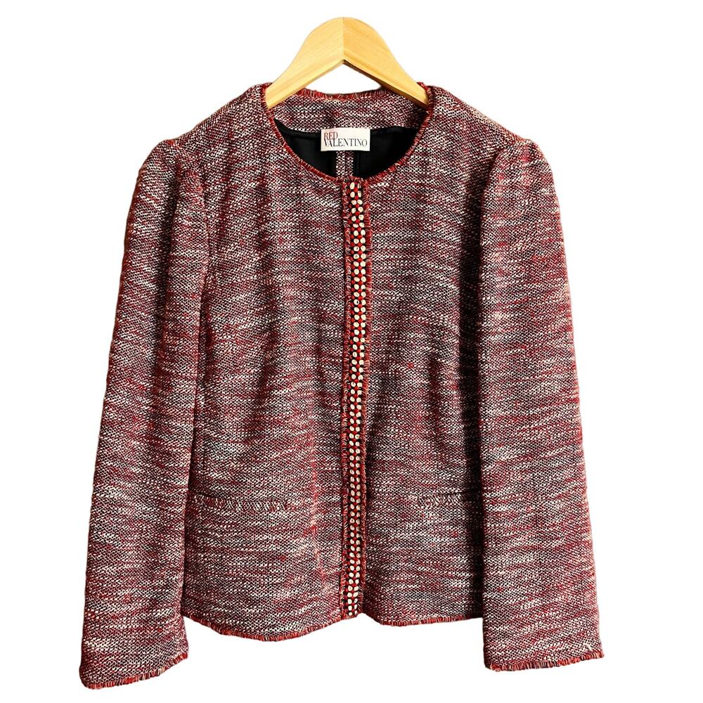 RED VALENTINO Red Tweed Blazer Jacket Snap Front Metallic Giacca ITALY 46 8 EUC